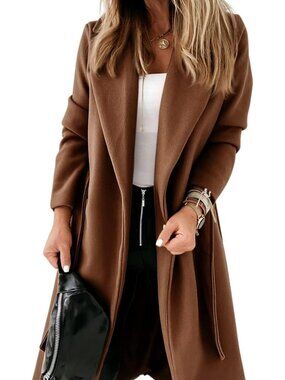 Women's Brown Lapel Collar Long Sleeve Open Front Belted Long Causal Trench Coat
